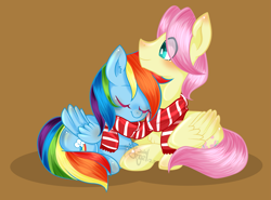 Size: 1995x1477 | Tagged: safe, artist:snow angel, derpibooru import, butterscotch, fluttershy, rainbow dash, pegasus, pony, butterdash, clothes, female, flutterdash, half r63 shipping, male, rule 63, scarf, shipping, simple background, straight
