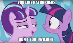 Size: 834x496 | Tagged: safe, edit, edited screencap, screencap, starlight glimmer, twilight sparkle, twilight sparkle (alicorn), alicorn, pony, unicorn, the cutie re-mark, blushing, exploitable, exploitable meme, female, image macro, just one bite, mare, meme, she knows, spongebob squarepants, starlight's secret, twilight burgkle, you like krabby patties don't you squidward?