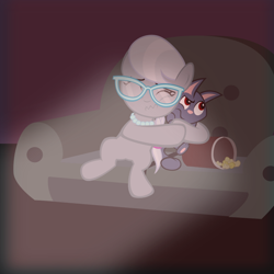 Size: 800x800 | Tagged: safe, artist:magerblutooth, silver spoon, oc, oc:dazzle, cat, earth pony, pony, comic:diamond and dazzle, food, glasses, movie, pearl necklace, popcorn, scared, scary movie, sofa, vector