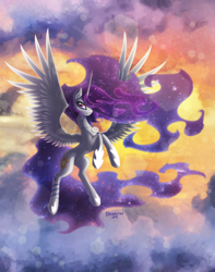 Size: 3172x4028 | Tagged: safe, artist:shaadorian, princess celestia, alicorn, pony, :3, alternate hairstyle, flying, necklace, solo, tribal