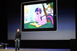 Size: 570x379 | Tagged: safe, derpibooru import, edit, twilight sparkle, apple (company), ipad, steve jobs