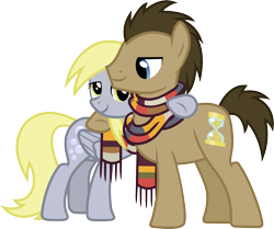 Size: 2334x1948 | Tagged: safe, artist:davidsfire, derpy hooves, doctor whooves, pony, slice of life (episode), clothes, hug, male, scarf, simple background, stallion, transparent background