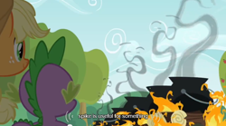 Size: 640x355 | Tagged: safe, edit, edited screencap, screencap, applejack, spike, dragon, earth pony, pony, apple family reunion, abuse, caption, cauldron, cooking pot, female, fire, male, mare, meme, spikeabuse, youtube caption