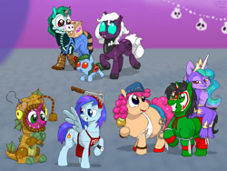 Size: 1000x750 | Tagged: safe, artist:drjavi, princess celestia, oc, oc:coppercog, oc:dewflower, oc:firebrand, oc:gearshift, oc:lady sunstone, oc:meiga, oc:sharp saddle, oc:yarnball, oc:yhsrettulf, alicorn, changeling, pony, coppertulf, female, male, nightmare night, psychonauts