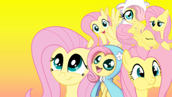 Size: 1080x609 | Tagged: safe, fluttershy, pegasus, pony, :3, :t, chibi, clothes, costume, cute, filly, foal, gradient background, hair over one eye, open mouth, puffy cheeks, smiling