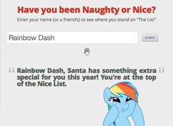 Size: 781x570 | Tagged: safe, derpibooru import, rainbow dash, pegasus, pony, dashface, exploitable meme, have you been naughty or nice?, meme, santa claus