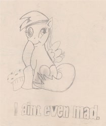 Size: 1197x1433 | Tagged: safe, artist:barryfrommars, derpy hooves, pegasus, pony, female, i ain't even mad, mare, monochrome, muffin, solo, traditional art