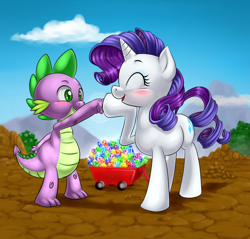 Size: 1024x980 | Tagged: safe, artist:pia-sama, rarity, spike, dragon, pony, unicorn, a dog and pony show, blushing, fist bump, friendshipping, gem, hoofbump