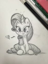 Size: 2448x3264 | Tagged: safe, artist:bobdude0, rarity, pony, unicorn, heart, monochrome, pencil, pencil drawing, photo, sketch, solo, traditional art