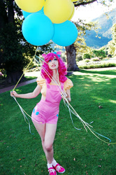 Size: 997x1500 | Tagged: safe, artist:chibisashi, pinkie pie, human, balloon, cosplay, grass, irl, irl human, overalls, photo, solo