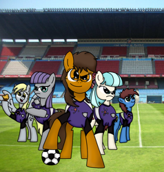 Size: 792x831 | Tagged: artist needed, safe, coco pommel, derpy hooves, maud pie, oc, oc:maría teresa de los ponyos paguetti, pegasus, pony, 4chan cup, female, mare, stadium