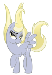 Size: 1000x1435 | Tagged: safe, artist:pixelkitties, derpy hooves, pegasus, pony, artifact, bedroom eyes, female, lidded eyes, mare, raised hoof, raised leg, simple background, smiling, solo, spread wings, transparent background, wet mane