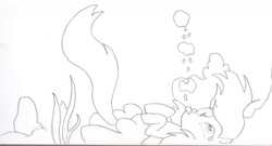 Size: 1560x845 | Tagged: safe, artist:barryfrommars, derpy hooves, pegasus, pony, blowing bubbles, bubble, female, mare, monochrome, solo, traditional art, underwater