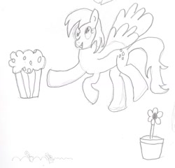 Size: 1182x1137 | Tagged: safe, artist:barryfrommars, derpy hooves, pegasus, pony, carrot, dirt, flower, flower pot, monochrome, muffin, solo, traditional art