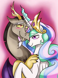 Size: 558x756 | Tagged: safe, artist:aurora-chiaro, discord, princess celestia, alicorn, pony, blushing, dislestia, female, male, shipping, straight