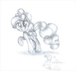 Size: 1024x966 | Tagged: safe, artist:lillyflover, pinkie pie, earth pony, pony, monochrome, solo, traditional art