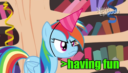 Size: 932x538 | Tagged: safe, derpibooru import, rainbow dash, pegasus, pony, /mlp/, frown, greentext, grumpy pone, hat, image macro, meme, no fun allowed, party hat, text