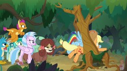 Size: 1280x720 | Tagged: safe, derpibooru import, screencap, applejack, gallus, ocellus, rainbow dash, sandbar, silverstream, smolder, yona, earth pony, pegasus, pony, non-compete clause, buttstuck, plot, silly, silly pony, so ridiculous it's funny, stuck, student six