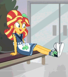 Size: 648x729 | Tagged: safe, screencap, sunset shimmer, eqg summertime shorts, equestria girls, good vibes, animated, apron, clothes, converse, cropped, cute, feet, female, gif, happi, loop, shimmerbetes, shoes, sitting, socks, sunset sushi, uniform