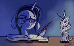 Size: 1024x635 | Tagged: safe, artist:auroriia, princess celestia, alicorn, pony, book, candle, glasses, quill, solo