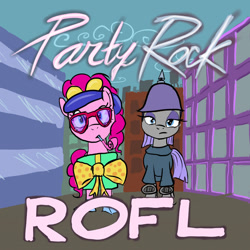 Size: 800x800 | Tagged: safe, artist:snapai, maud pie, pinkie pie, earth pony, pony, album cover, lmfao, parody, rofl