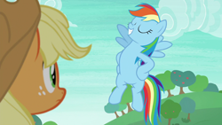 Size: 1280x720 | Tagged: safe, derpibooru import, screencap, applejack, rainbow dash, earth pony, pegasus, pony, non-compete clause, eyes closed, female, flying, freckles, happy, hooves on hips, mare, pose, proud, rainboast dash, smiling, spread wings, wings