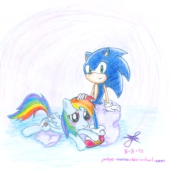 Size: 1764x1839 | Tagged: safe, artist:vinylchy, derpibooru import, rainbow dash, pegasus, pony, blushing, crossover, sonic the hedgehog, sonic the hedgehog (series)