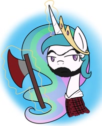 Size: 807x989 | Tagged: safe, artist:cuttycommando, princess celestia, alicorn, pony, axe, beard, lumberjack, magic, rule 63, solo