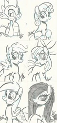 Size: 563x1200 | Tagged: safe, artist:ponygoddess, apple bloom, derpy hooves, scootaloo, spike, sweetie belle, oc, oc:sappho, dragon, pegasus, pony, cutie mark crusaders, female, mare, monochrome