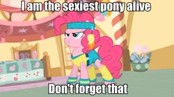 Size: 960x539 | Tagged: safe, edit, edited screencap, screencap, pinkie pie, earth pony, pony, a friend in deed, image macro, leg warmers, meme, sexiest pony alive, solo, workout outfit