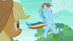 Size: 1280x720 | Tagged: safe, derpibooru import, screencap, applejack, rainbow dash, earth pony, pegasus, pony, non-compete clause, eyes closed, female, flying, freckles, mare, open mouth, plot, pose, rainboast dash, raised hoof, spread wings, wings