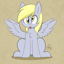 Size: 1280x1280 | Tagged: safe, artist:notenoughapples, derpy hooves, pegasus, pony, :3, cute, female, mare, sitting, solo, spread wings, tongue out