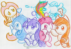 Size: 2266x1570 | Tagged: safe, artist:kannatc, derpibooru import, applejack, fluttershy, pinkie pie, rainbow dash, rarity, twilight sparkle, chao, crossover, exclamation point, heart, mane six, question mark, sonic adventure, sonic the hedgehog (series), species swap, traditional art, update