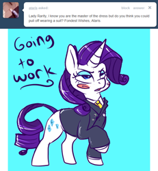 Size: 500x541 | Tagged: safe, artist:clockworkquartet, rarity, pony, unicorn, ask, clothes, solo, suit, tumblr