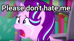 Size: 1280x714 | Tagged: safe, edit, edited screencap, screencap, starlight glimmer, unicorn, the crystalling, bronybait, crying, drama, image macro, meme, sad, solo, starlight drama, text