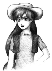 Size: 364x500 | Tagged: safe, artist:gengakutaku, applejack, human, humanized, monochrome, solo, traditional art