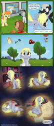 Size: 1280x2952 | Tagged: safe, artist:moemneop, derpy hooves, oc, oc:alice goldenfeather, comic:return to equestria, balloon, comic, cutiespark, female, filly, flashback, injured, muffin, reading