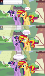 Size: 1280x2168 | Tagged: safe, artist:hakunohamikage, sunset shimmer, twilight sparkle, twilight sparkle (alicorn), alicorn, pony, unicorn, ask, ask-princesssparkle, comic, eyes closed, female, mare, scrunchy face, tumblr