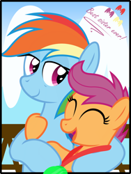 Size: 3000x3990 | Tagged: safe, artist:sollace, derpibooru import, rainbow dash, scootaloo, pegasus, pony, duo, female, filly, happy, hug, medal, open mouth, ribbon, scootalove, smiling