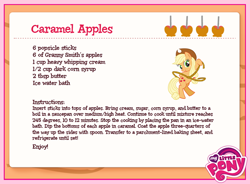 Size: 720x531 | Tagged: safe, applejack, earth pony, pony, caramel apple (food), my little pony logo, official, recipe, text