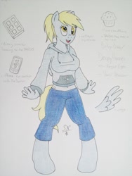 Size: 768x1024 | Tagged: safe, artist:sangee-13-neuroy, derpy hooves, anthro, unguligrade anthro, belly button, breasts, derpy loaves, female, midriff, reference sheet, solo, sweater puppies, traditional art