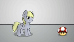 Size: 625x356 | Tagged: safe, artist:wave-realm, derpy hooves, pegasus, pony, age progression, animated, blank flank, cute, female, filly, growth, mare, mushroom, newbie artist training grounds, power-up, smiling, standing, super mario bros., super mushroom, younger