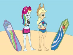 Size: 3465x2633 | Tagged: safe, artist:hunterxcolleen, derpibooru import, applejack, rainbow dash, human, better together, equestria girls, 1000 hours in ms paint, barefoot, beach, belly button, bikini, bikini top, cap, clothes, copy and paste, duo, duo female, feet, female, hat, humanized, shorts, surfboard, swimming trunks, swimsuit
