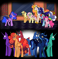 Size: 1678x1704 | Tagged: safe, artist:spudsmcfrenzy, derpibooru import, applejack, fluttershy, pinkie pie, princess celestia, princess luna, rainbow dash, twilight sparkle, twilight sparkle (alicorn), oc, alicorn, earth pony, pegasus, pony, comic:skinwalker, angry, comic, female, glowing eyes, inkieverse, mare, sad, story in the source