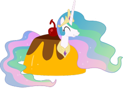 Size: 800x595 | Tagged: safe, princess celestia, alicorn, pony, cherry, flan, food, pudding, wat