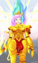 Size: 2481x4099 | Tagged: safe, artist:madthemike, artist:tarreth, princess celestia, human, absurd resolution, armor, awesome, burning blade, crown, god empress of ponykind, god-emperor of mankind, humanized, iron halo, jewelry, lightning claw, multicolored hair, power sword, praise the sun, purple eyes, regalia, solo, sword, tiara, warhammer (game), warhammer 40k, weapon, winged humanization, wings
