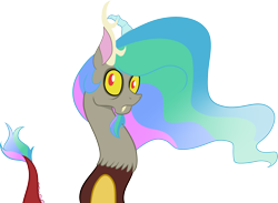 Size: 2964x2172 | Tagged: safe, artist:mishti14, discord, princess celestia, alicorn, draconequus, pony, looking at you, male, mane swap, multicolored mane, solo, yellow sclera