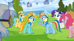 Size: 1280x711 | Tagged: safe, derpibooru import, screencap, applejack, lightning dust, pinkie pie, rainbow dash, rarity, twilight sparkle, earth pony, pegasus, pony, unicorn, wonderbolts academy, angry, clothes, mane six, uniform, wonderbolt trainee uniform