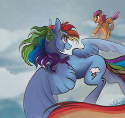 Size: 3400x3200 | Tagged: safe, artist:casynuf, derpibooru import, rainbow dash, scootaloo, pegasus, pony, flying, scootaloo can fly, windswept mane