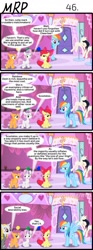 Size: 800x2153 | Tagged: safe, artist:umneem, derpibooru import, apple bloom, rainbow dash, scootaloo, sweetie belle, oc, oc:dispersion, earth pony, pegasus, pony, unicorn, comic:my rational pony, 4koma, carousel boutique, comic, cutie mark crusaders